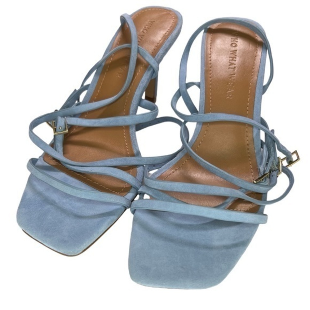 Who What Wear Buckle Straps Heeled Sandals Blue Leather
